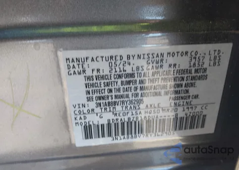 2024 Nissan Sentra S Xtronic Cvt z USA, uszkodzony, nr VIN 3N1AB8BV7RY362905